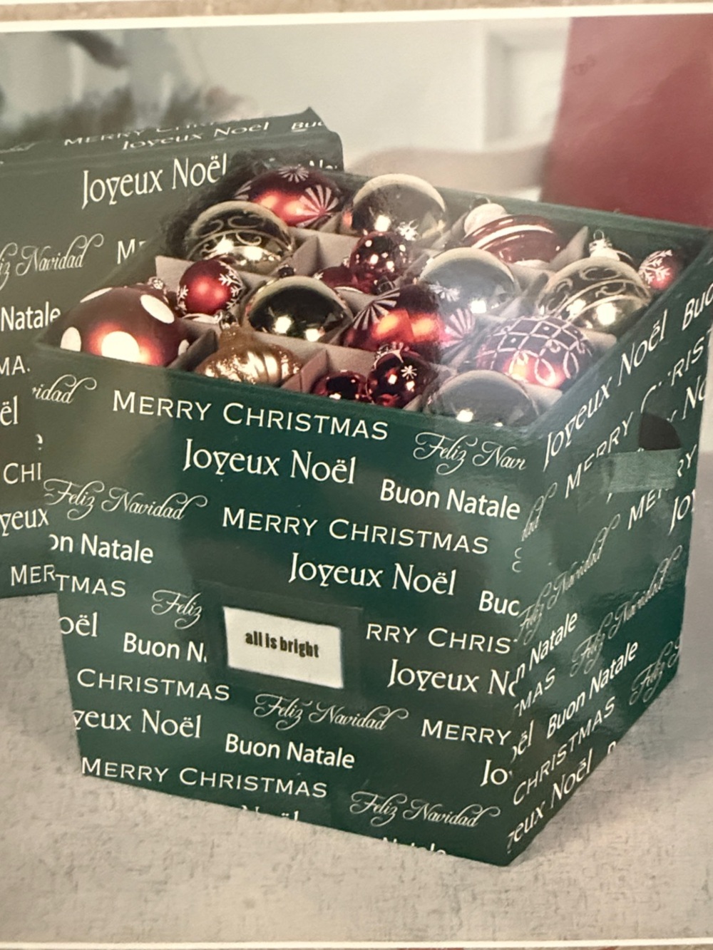Holiday Ornament Storage Box Merry Christmas- Green